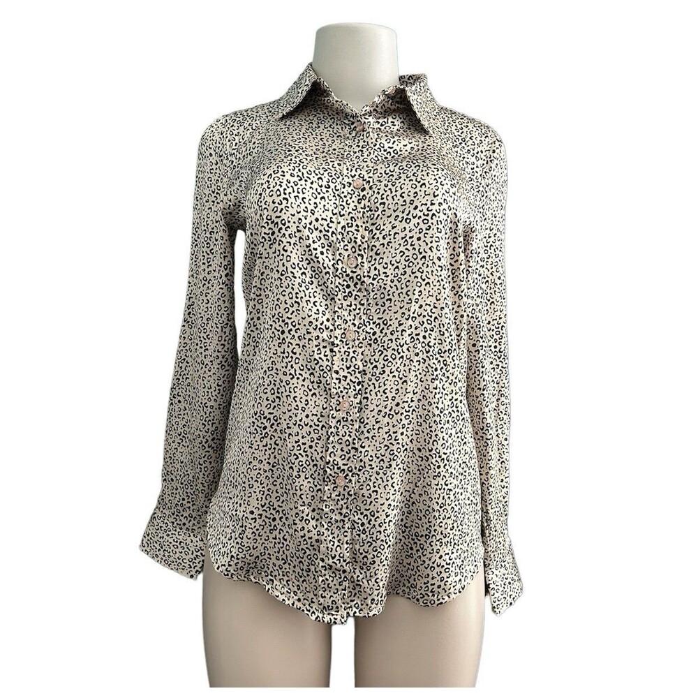Japna  Leopard Animal Print Silky Long Sleeve Button Down Blouse Size Small